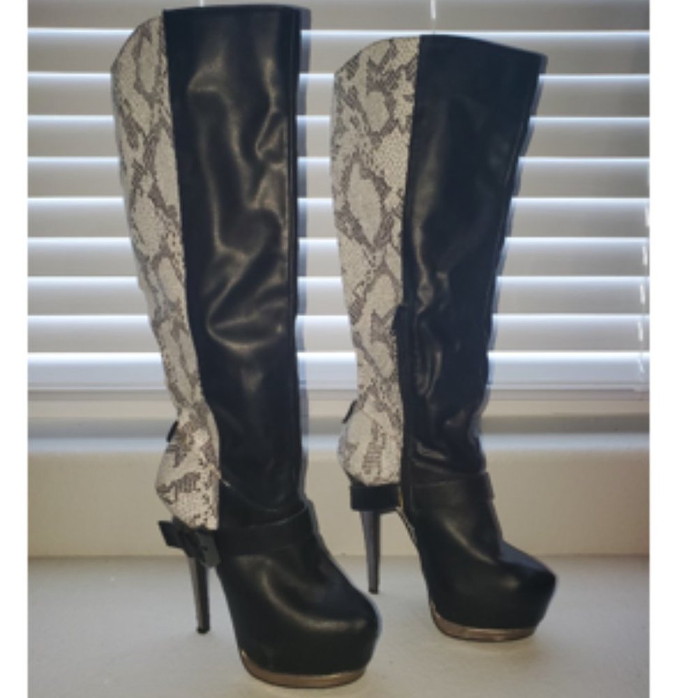Snakeskin knee-high boots, 7.5